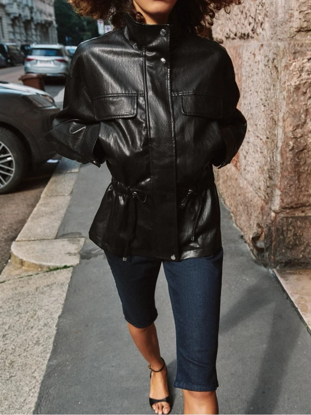 Zara 6318/047 Black Faux Leather Drawstring Waist Jacket